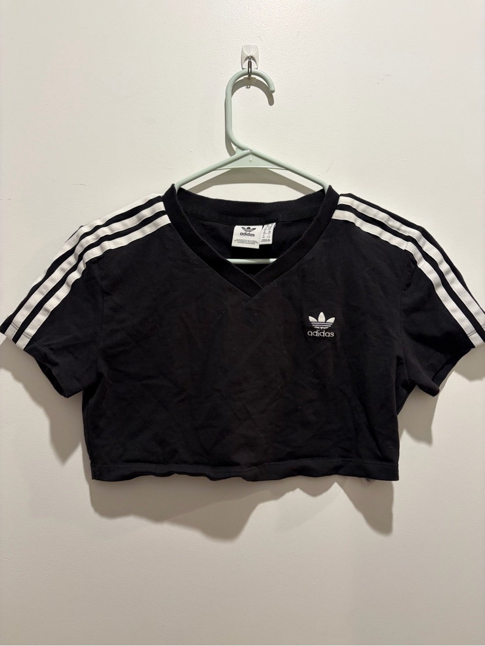 adidas Black Cropped V-Neck Tee with White Stripes